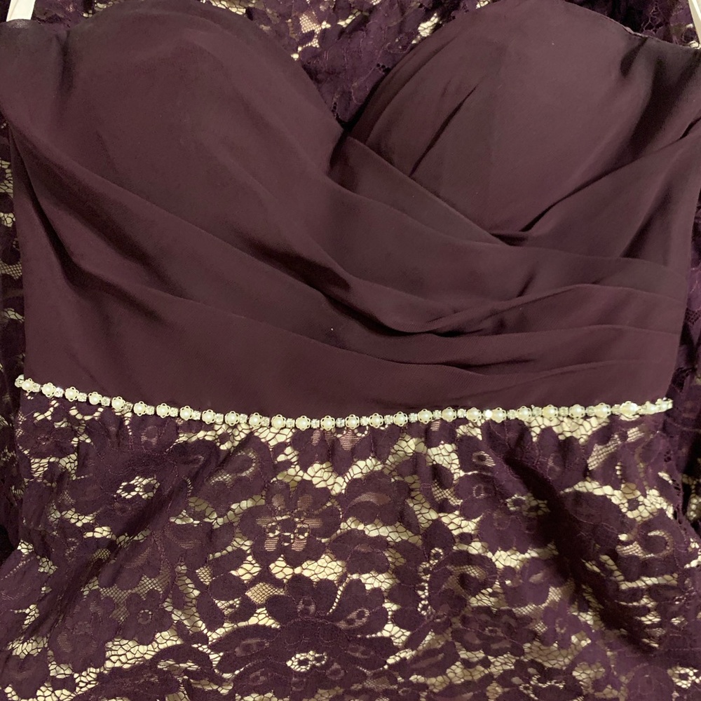 Burgundy strapless lace underlining formal gown